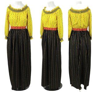Vintage Youth Guild 70s Floral Dress Size XS? Maxi Boho Bohemian Yellow Elastic